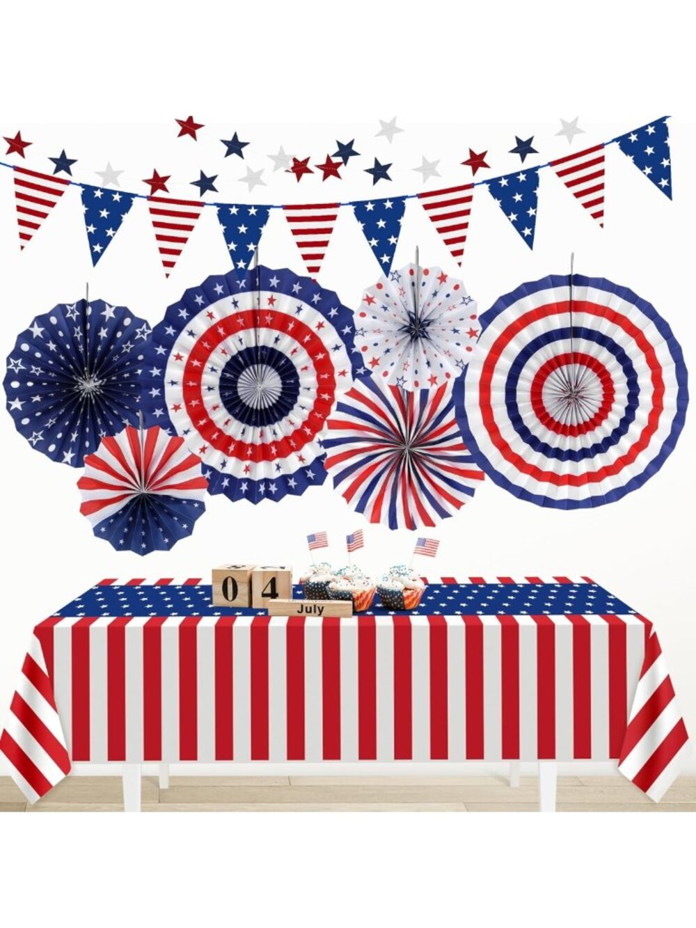 Patriotic 4th of July Party Decor Set - 9 Pcs Red White Blue Fans, Bunting